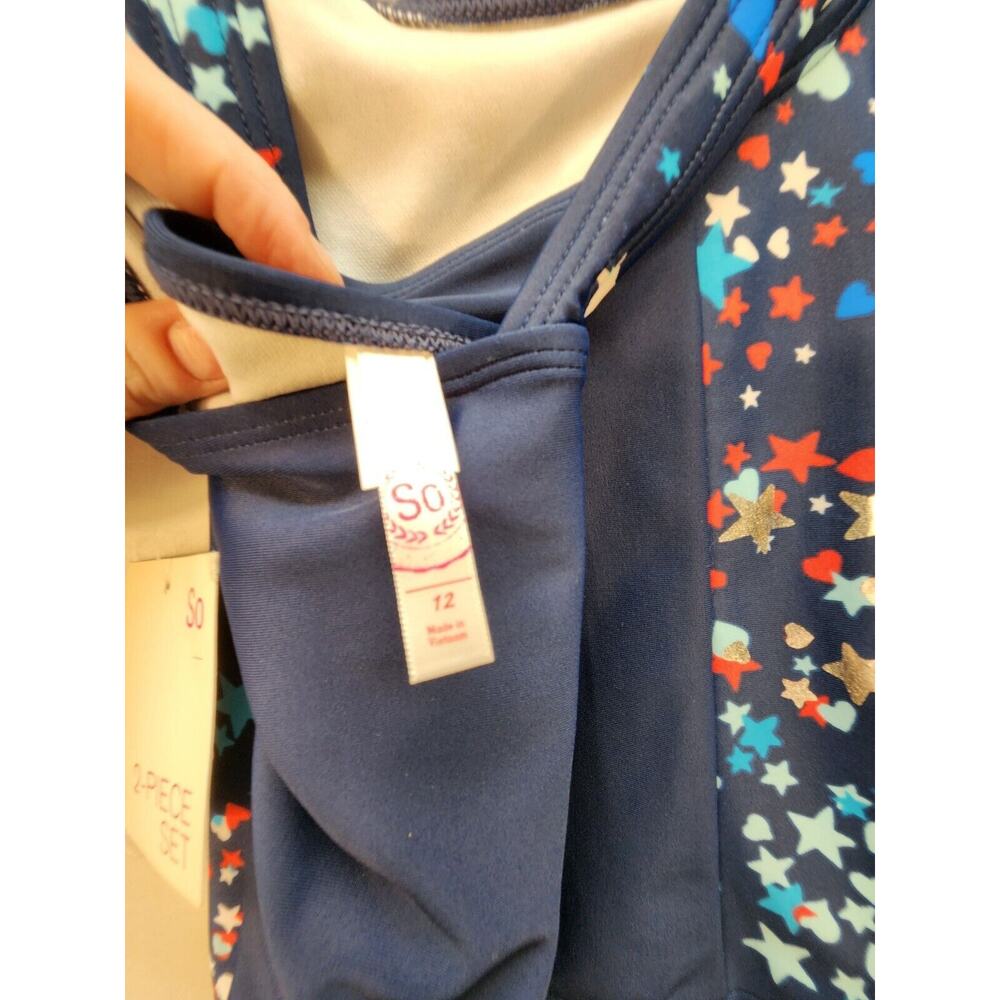 SO Girls Size 12 Tankini Top Stars 4th Of July Blue Red White Tie at Hem 8112 - Picture 4 of 5